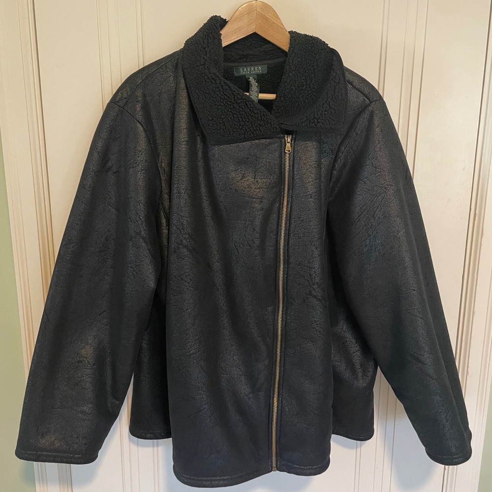 Lauren Ralph Lauren Black Faux Shearling Moto Jacket Plus Size 3X Faux Leather - Picture 3 of 6